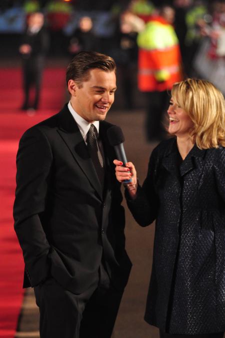 Leonardo DiCaprio grants an interview during the premiere of his movie