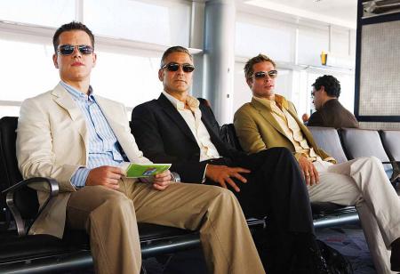 Matt Damon, George Clooney and Brad Pitt at airport in Ocean's Thirteen