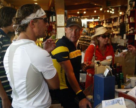 Matthew McConaughey and Lance Armstrong in a wine shop