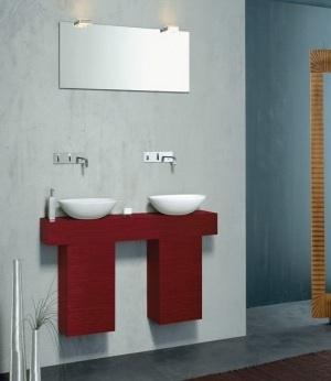 Minimalist bathroom with red accents