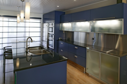 Modern kitchen with blue &amp; steel