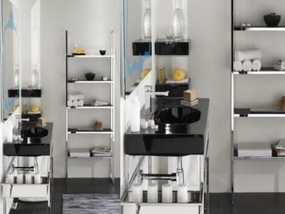Black and white shelved bathroom
