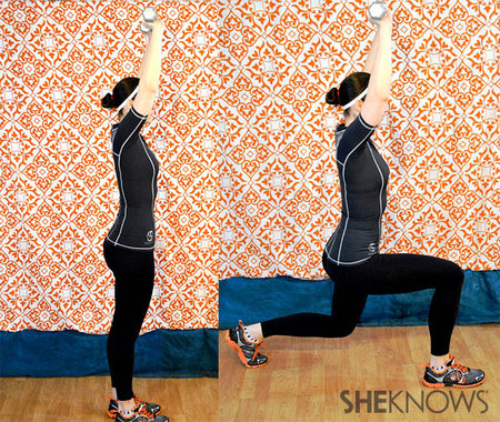 Walking lunge with dumbbells overhead