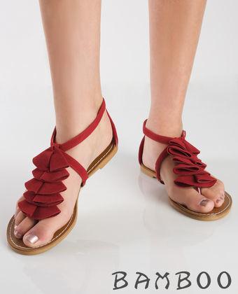 Bamboo Darling 48 Red Suede Ruffle T-Strap Sandal