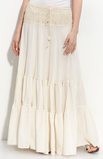Cream Crocheted-Waistband Tiered Skirt