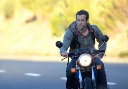 Ryan Reynolds rides motorcycle