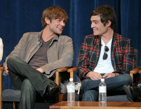 Chase Crawford and Ed Westwick smile at Paleyfest