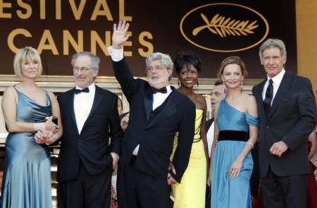 Steven Spielberg, George Lucas and Harrison Ford at a film festival. 