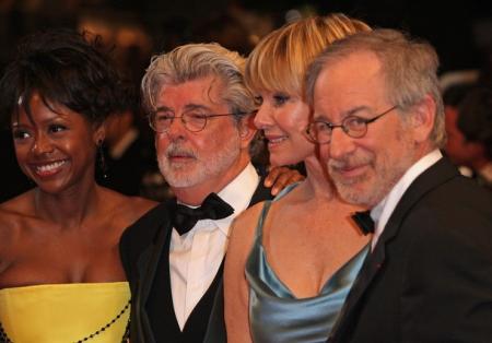 Steven Spielberg and George Lucas at the premiere for Indiana Jones.