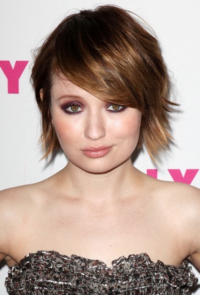 Emily Browning models her short'do complete with a deep side part 