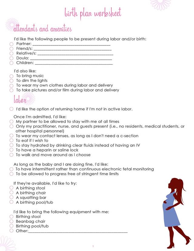 Birth Plan Worksheet, Page 1 - Free Printable Coloring Pages