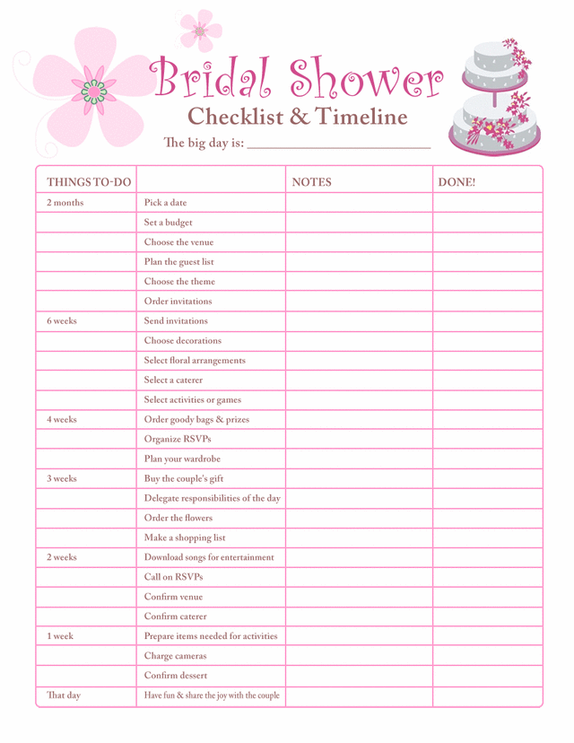 Printable checklists Bridal shower checklist