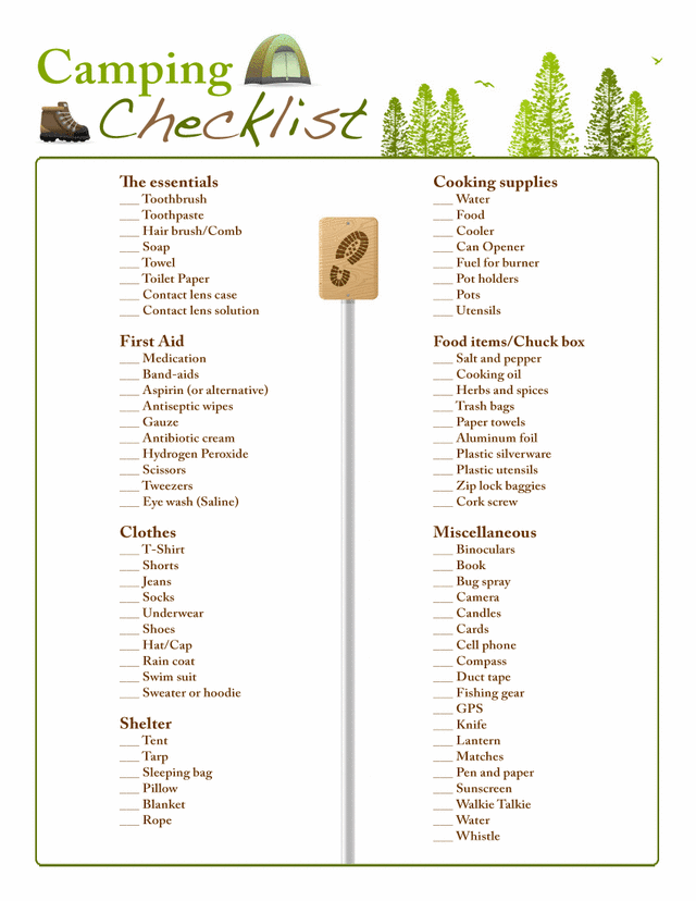 Printable Checklists Camping Checklist
