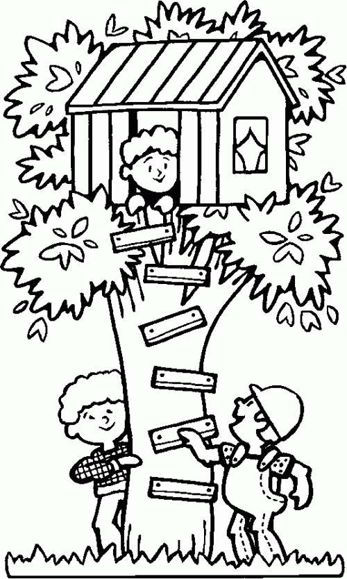 Playing in a treehouse Free Printable Coloring Pages