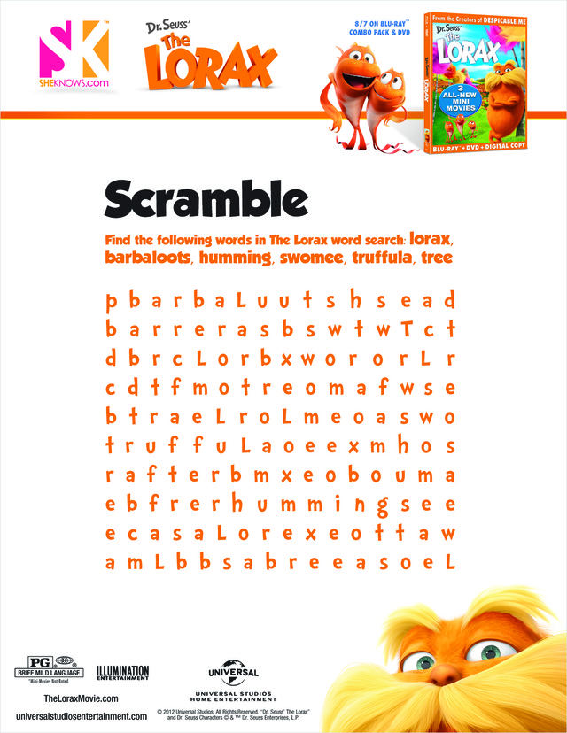 The Lorax Word Search Free Printable Coloring Pages