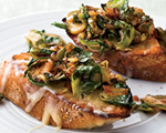 Brussels Sprouts with Caramelized Onions on Mini Toasts