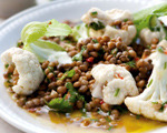 Lentil, Cilantro and Chili Salad with Warm Cauliflower Florets