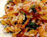 Pasta Romesco with Shrimp and Arugula