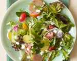 Saffron Fingerling Potato Salad with Mixed Greens and Tomatoes