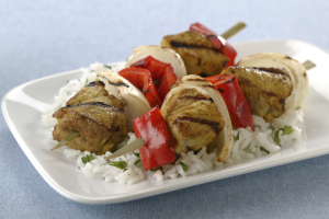 Grilled Indian Pork Kabobs with Sweet Onions and Red Bell Peppers