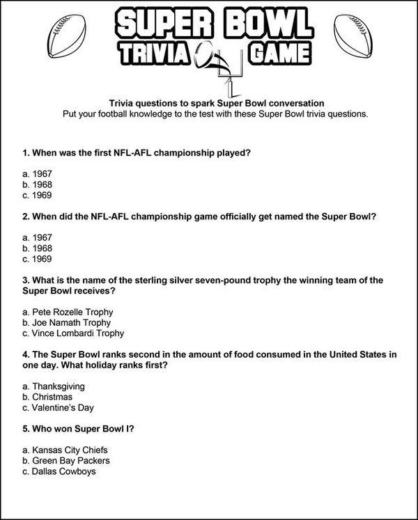 Printable Super Bowl Trivia Game