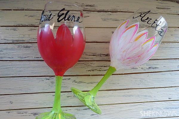 DIY painted flower wine glasses