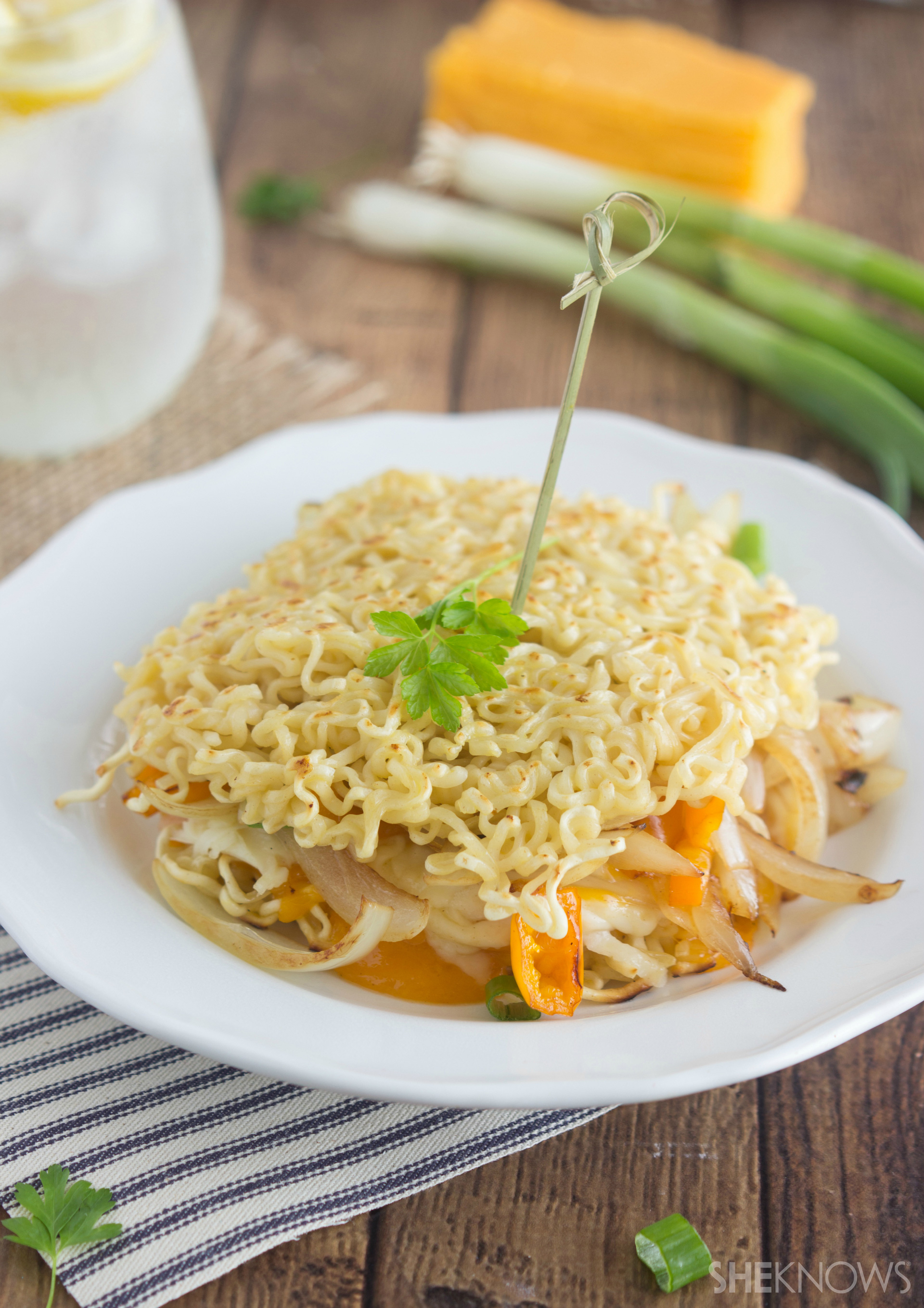 Two-cheese Ramen grilled cheese with sautéed onions and peppers