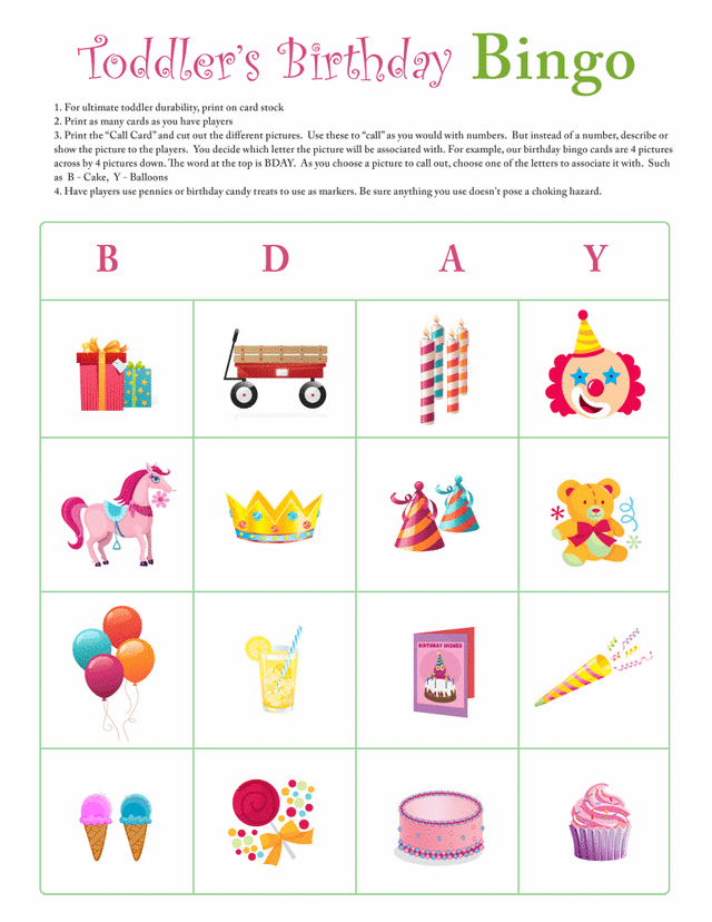 Toddler birthday bingo card 3 Free Printable Coloring Pages