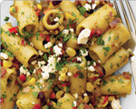 Rigatoni pasta with bolognese green chile chorizo sauce