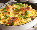 Elegant roasted white wine chicken with peach couscous