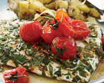 Grilled Halibut with Fingerling Potatoes and Buttery Tomatoes